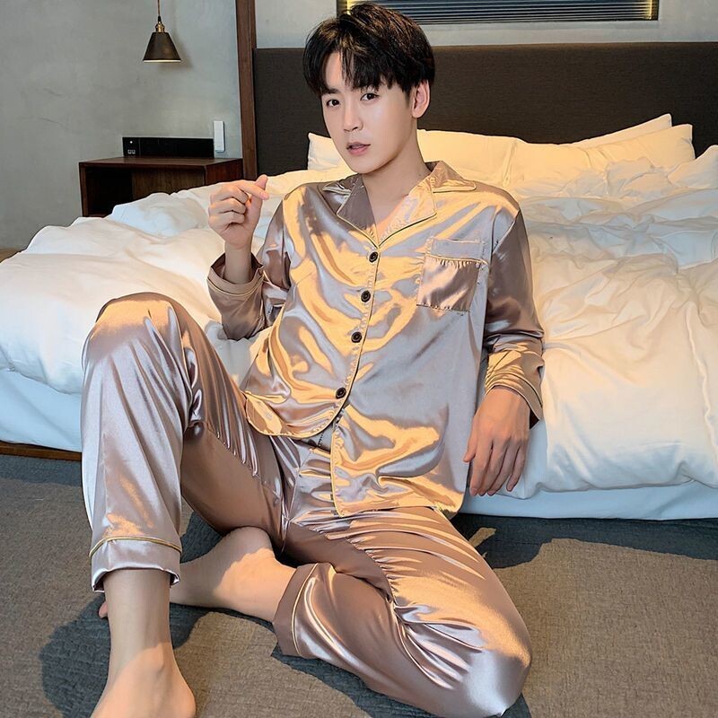 Ledinės šilko pižamos Vyriškos pavasario rudens vasaros plonos ilgomis rankovėmis šilko drabužiai „Four Seasons“ namų drabužiai 2024 m. Naujas stilius