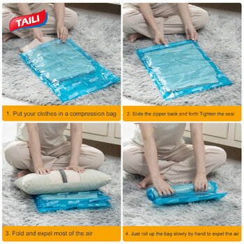 TAILI Roll Up Compression Vacuum Storage Bags 10pcs επαναχρησιμοποιήσιμες σακούλες αποθήκευσης Εξοικονομούν 80% του αποθηκευτικού χώρου Δεν χρειάζονται σακούλες κενού