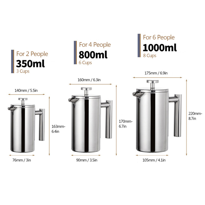 350ml/800ml/1000ml kohvimasina pott French Press kohvimasin roostevabast terasest kahekordse seinaga isoleeritud kohvimasina pott