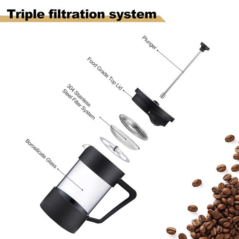 Aparat de cafea cu presă franceză din sticlă borosilicată (20 oz) - Presă de cafea cu capacitate de 5 cești, aparat de cafea pentru o singură porție, capac din oțel inoxidabil