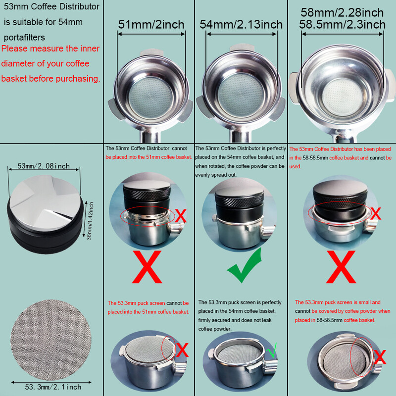 2 tk 53 mm jaotur 53,3 mm Puck ekraaniga 54 mm Breville`i portafiltri jaoks, reguleeritav 53 mm espresso jaotustööriist/niveler