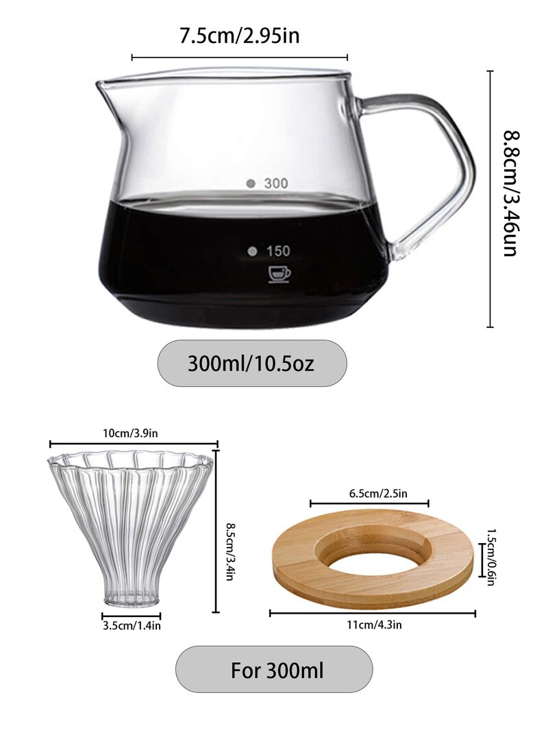 „Leeseph Pour Over“ kavos virimo aparatas, stiklinis grafinas kavos su stikliniu kavos filtru, lašinamas kavos virimo aparato rinkinys namams arba biurui, 300 ml
