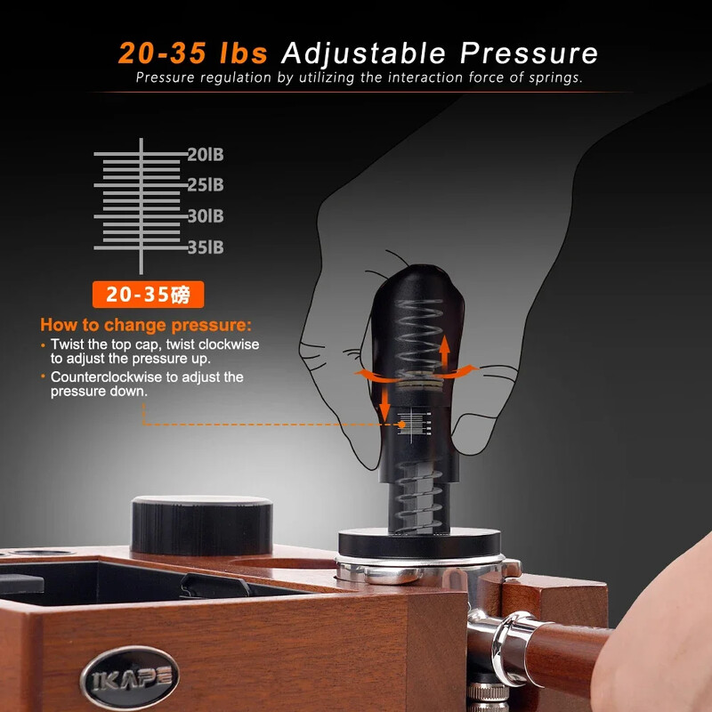 IKAPE kalibruotas espreso tampresas, kavos tampresas su 20–35 svarų reguliuojamo slėgio funkcija, spyruoklės įkrautos 51–58 mm, barista