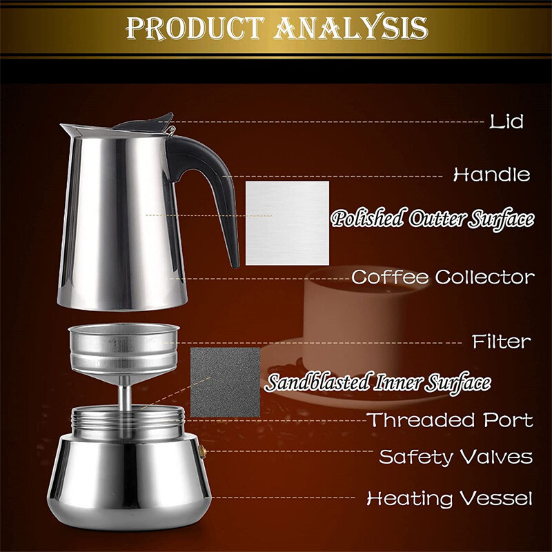 Oală de cafea Filtru din oțel inoxidabil Italian Espresso Latte Plită Percolator Instrument 200/300/450/600Ml Filtru de cafea Moka Oală de cafea