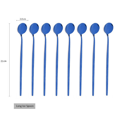 8 vnt. Ilgo koto ledo šaukštas Kavos arbatos maišymo šaukštas Nerūdijančio plieno juodo aukso stalo įrankių rinkinys Indų virtuvės vakarienės stalo įrankių rinkinys