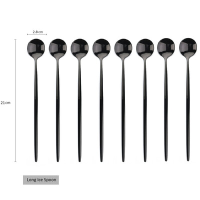 8 vnt. Ilgo koto ledo šaukštas Kavos arbatos maišymo šaukštas Nerūdijančio plieno juodo aukso stalo įrankių rinkinys Indų virtuvės vakarienės stalo įrankių rinkinys