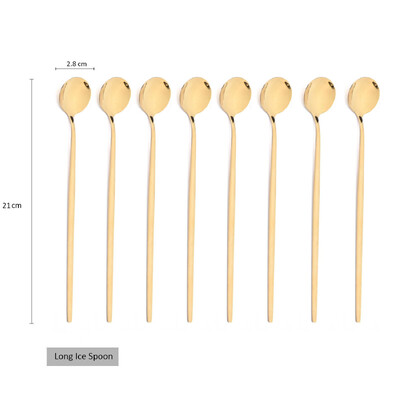 8 vnt. Ilgo koto ledo šaukštas Kavos arbatos maišymo šaukštas Nerūdijančio plieno juodo aukso stalo įrankių rinkinys Indų virtuvės vakarienės stalo įrankių rinkinys