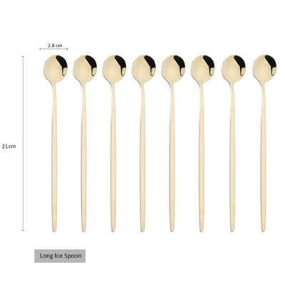 8 vnt. Ilgo koto ledo šaukštas Kavos arbatos maišymo šaukštas Nerūdijančio plieno juodo aukso stalo įrankių rinkinys Indų virtuvės vakarienės stalo įrankių rinkinys
