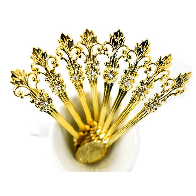 6 vnt. vintažinio karūnos rašto lydinio mažas šaukštelis, mini karališkojo stiliaus metalinis aukso spalvos raižytas kavos užkandžiai vaisių desertinis šaukštas virtuvės įrankis