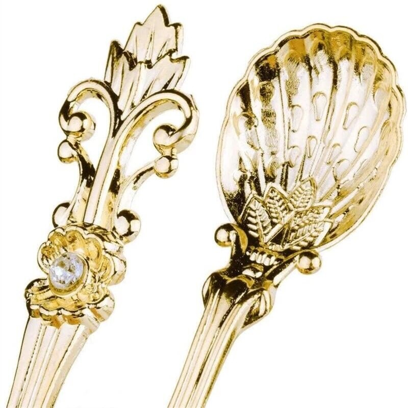 6 vnt. vintažinio karūnos rašto lydinio mažas šaukštelis, mini karališkojo stiliaus metalinis aukso spalvos raižytas kavos užkandžiai vaisių desertinis šaukštas virtuvės įrankis