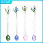 Ilgo koto kavos šaukštas Spalvingas stiklinis ledų desertinis arbatos šaukštelis Gražus slėnio lelijos žiedas Kavos maišymo šaukštas