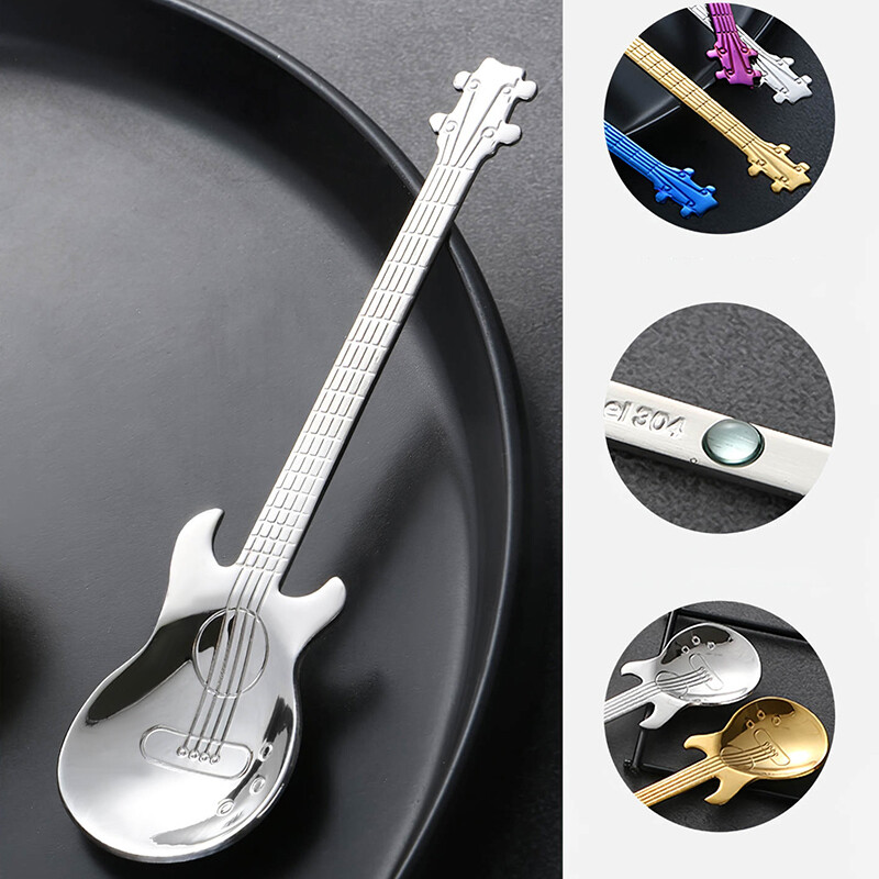 Gitara Kavos šaukšteliai, 4 vnt Nerūdijančio plieno Muzikiniai kavos šaukštai Arbatiniai šaukšteliai Maišymo šaukšteliai Cukraus šaukštelis (sidabrinis)