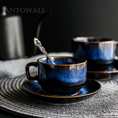 Σετ Κεραμικό Φλιτζάνι Καφέ και Πιατάκι ANTOWALL Dim Blue Series Breakfast Cup Απογευματινό φλιτζάνι τσαγιού Απλό ρετρό επιτραπέζιο σκεύος