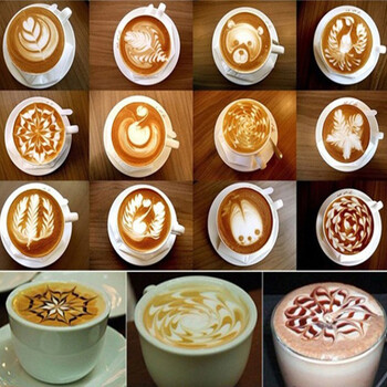 16 Τεμάχια/Σετ Καλούπι καφέ Latte Cappuccino Barista Art Stencils Cake Duster Templates Αξεσουάρ καφέ Φόρμα γάλακτος Διακοσμητικό καφέ