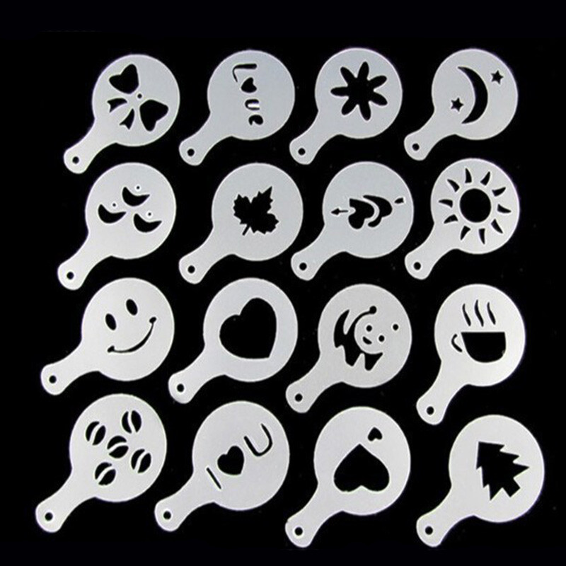 16 vnt./rinkinys Kavos formelės Latte Cappuccino Barista meno trafaretai Tortų dulkės Šablonai Kavos priedai Pieno formelės Kavos dekoravimas