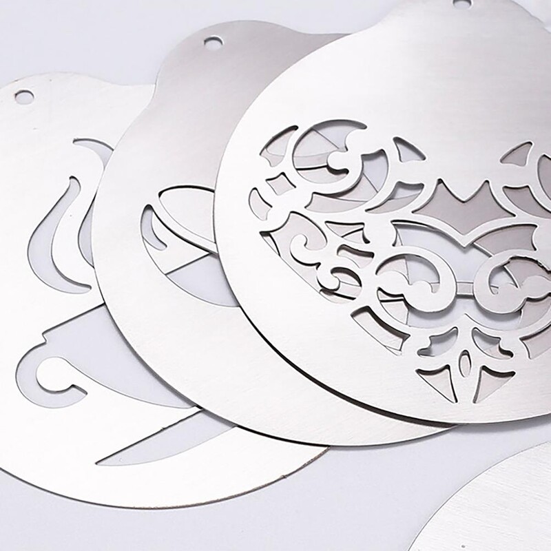 1/5 vnt Kavos trafaretai Išgalvoti kavos spausdinimo modeliai Purškiamų pyragų trafaretai Kavos piešimo kapučino pelėsiai miltelių sieto įrankiai