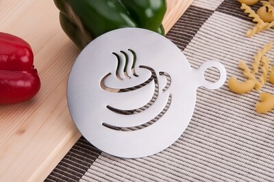 Nerūdijančio plieno kavos pyragaičių girlianda, purškimo įrankiai su storomis Cafe putomis, kavos trafaretas, kavos priedai, purtyklė