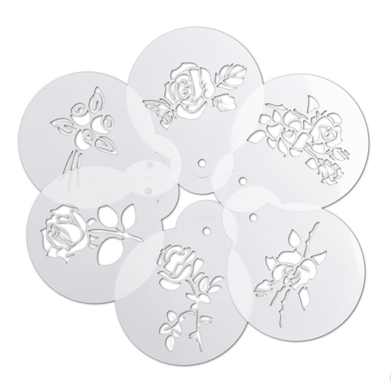 6 vnt Kavos dekoravimo trafaretai Formos rožių purškiamas išgalvotas spausdinimo modelis Pet DIY tortas Kavos putos purškiamas šablonas Kavos priedai