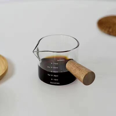 50/75/100 ml Medinės rankenos stiklinis kavos mini pieno puodelis espreso kavos matavimo puodelis dvigubos / vienos burnos virtuvės padažo indo matavimo puodelis
