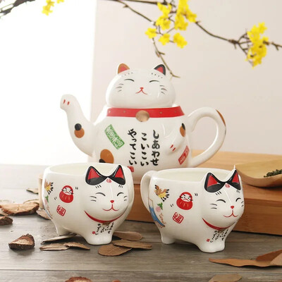 Mīlīgs japāņu Lucky Cat porcelāna tējas komplekts Radošs Maneki Neko keramikas tējas krūzes katls ar sietiņu Lovely Plutus Cat tējkannas krūze