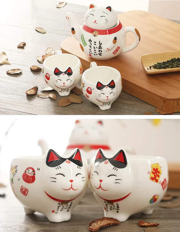 Mielas japonų Lucky Cat porcelianinis arbatos rinkinys Creative Maneki Neko Keraminis arbatos puodelis su sieteliu Lovely Plutus Cat arbatinuko puodelis
