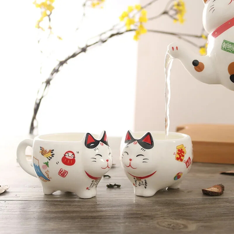 Mielas japonų Lucky Cat porcelianinis arbatos rinkinys Creative Maneki Neko Keraminis arbatos puodelis su sieteliu Lovely Plutus Cat arbatinuko puodelis