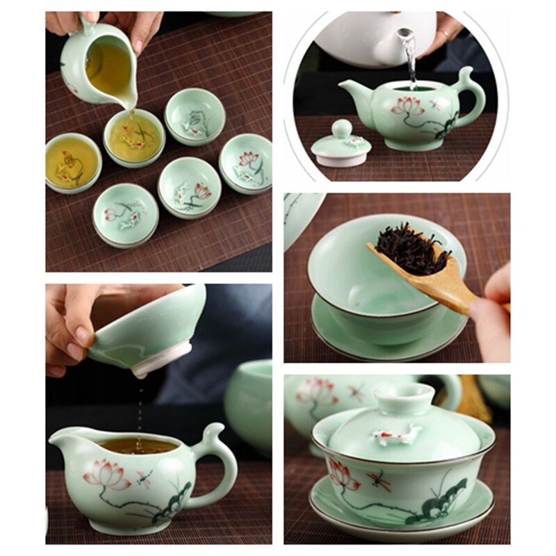Keraminis kiniškas Kung Fu arbatos indų rinkinys, rankomis dažytas apvalus Celadon Lotus arbatos puodas Koi žuvies dizainas, rankų darbo