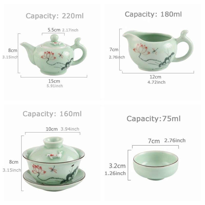 Keraminis kiniškas Kung Fu arbatos indų rinkinys, rankomis dažytas apvalus Celadon Lotus arbatos puodas Koi žuvies dizainas, rankų darbo