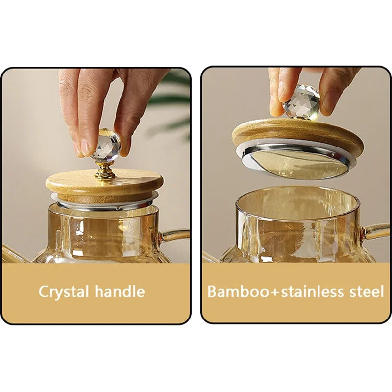 1/1,5/1,8 l stiklinis arbatinukas su bambuko dangteliu Gintaro spalvos deimantinis šaltas virdulys, karščiui atsparus puodas palaidų lapų vaisiais kvepiančia arbata