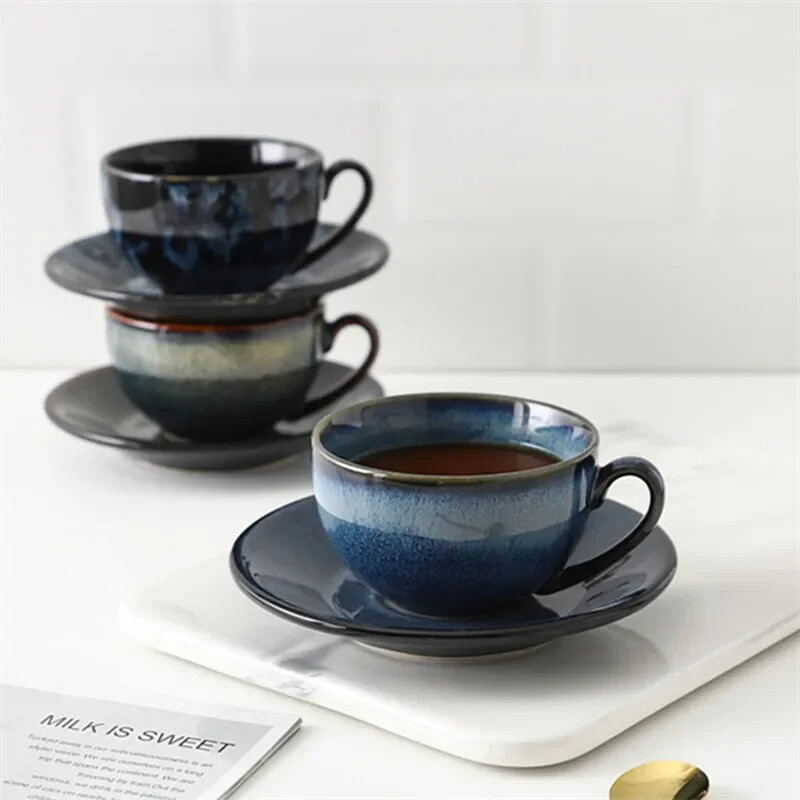 Europos keramikinis latte espreso kavos puodelis su lėkštės rinkiniu Porcelianinis mados krosnies glazūra pieno puodelis Paprasti buitiniai kavinės gėrimai