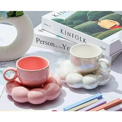 Set de căni de cafea cu floarea soarelui, simplu, pentru birou, acasă, serie de macaroane, cești și farfurii din ceramică pentru cafea, cești drăguțe creative, alb perlat, roz