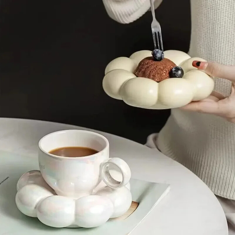 Lihtne päevalille kohvikruusi komplekt Kontor Kodu Macaroon seeria kohvikeraamilised tassid ja alustassid Roosa pärlvalge Creative Cute Cup