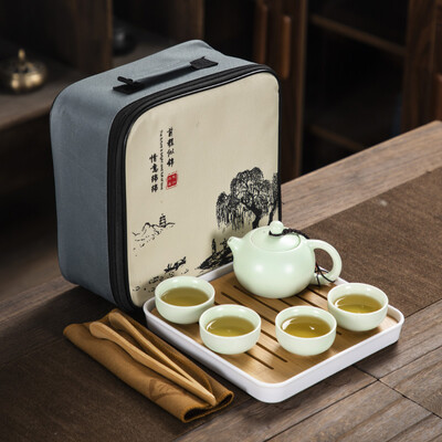 Kiniškas Kung Fu kelionių rinkinys, Keraminis nešiojamas arbatinukas, Porcelianinis arbatinukas, Gaiwan arbatos puodeliai, Arbatos įrankis su kelioniniu maišeliu, 4 puodeliai