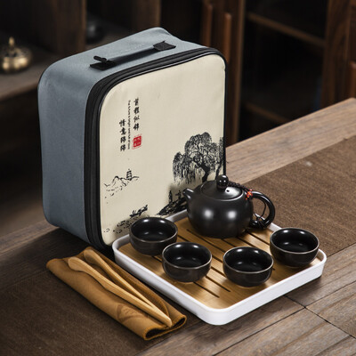 Kiniškas Kung Fu kelionių rinkinys, Keraminis nešiojamas arbatinukas, Porcelianinis arbatinukas, Gaiwan arbatos puodeliai, Arbatos įrankis su kelioniniu maišeliu, 4 puodeliai