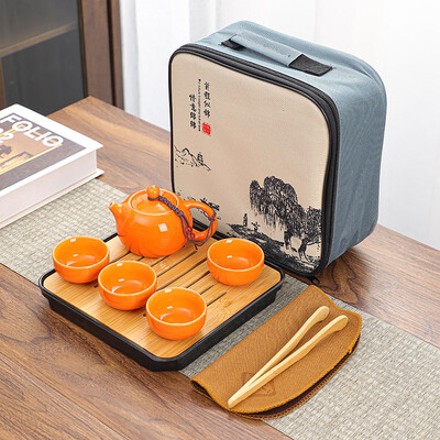 Kiniškas Kung Fu kelionių rinkinys, Keraminis nešiojamas arbatinukas, Porcelianinis arbatinukas, Gaiwan arbatos puodeliai, Arbatos įrankis su kelioniniu maišeliu, 4 puodeliai