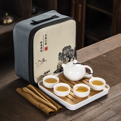 Kiniškas Kung Fu kelionių rinkinys, Keraminis nešiojamas arbatinukas, Porcelianinis arbatinukas, Gaiwan arbatos puodeliai, Arbatos įrankis su kelioniniu maišeliu, 4 puodeliai