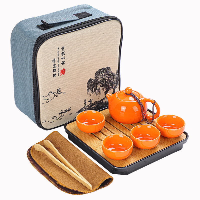 Kiniškas Kung Fu kelionių rinkinys, Keraminis nešiojamas arbatinukas, Porcelianinis arbatinukas, Gaiwan arbatos puodeliai, Arbatos įrankis su kelioniniu maišeliu, 4 puodeliai