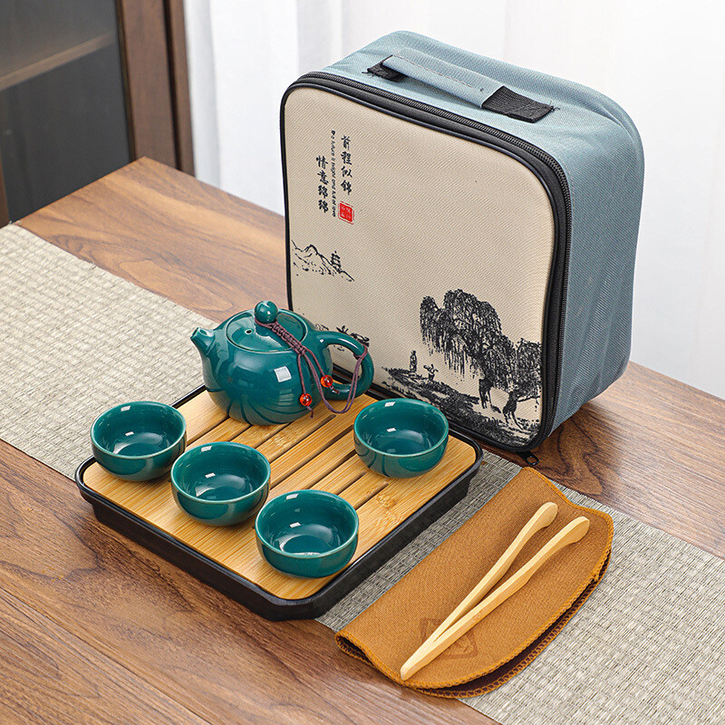 Kiniškas Kung Fu kelionių rinkinys, Keraminis nešiojamas arbatinukas, Porcelianinis arbatinukas, Gaiwan arbatos puodeliai, Arbatos įrankis su kelioniniu maišeliu, 4 puodeliai