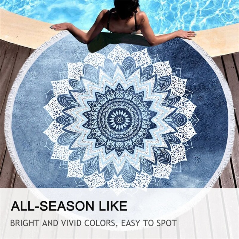 PatalynėOutlet Mandala Apvalus paplūdimio rankšluostis Bohemian Vintage Cobalt Blue Kutas Gobelenas Boho Yoga Mat Gėlėtas Toalla Antklodė 150cm