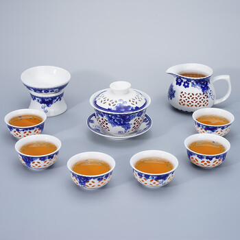 Синьо-бял изискан сервиз за чай 1 Gaiwan 6Cups Чайник с пчелна пита чайници Чаша за чай порцелан Китайски кунг-фу сервиз за чай сервиз за напитки