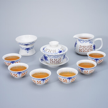 Синьо-бял изискан сервиз за чай 1 Gaiwan 6Cups Чайник с пчелна пита чайници Чаша за чай порцелан Китайски кунг-фу сервиз за чай сервиз за напитки