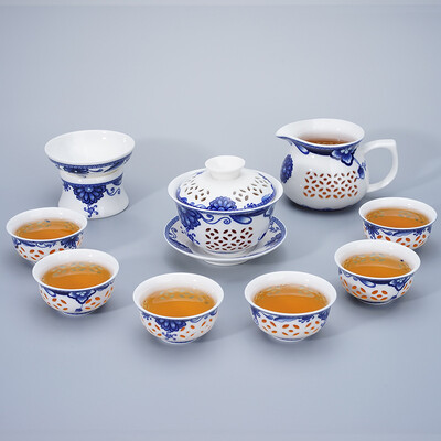 Синьо-бял изискан сервиз за чай 1 Gaiwan 6Cups Чайник с пчелна пита чайници Чаша за чай порцелан Китайски кунг-фу сервиз за чай сервиз за напитки