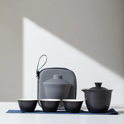 Nešiojamasis arbatinuko arbatos puodelių rinkinys Kelioninis arbatos rinkinys Keraminis Kung Fu arbatos indas lauko stovyklavimui Nešiojamas maišelis Kiniškos arbatos rinkinys 1 dubuo 3 puodeliai