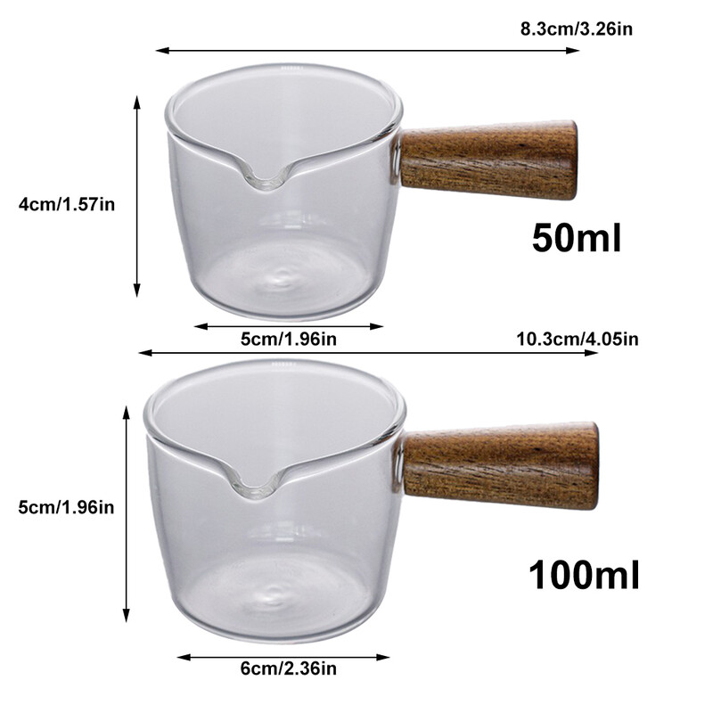50/100 ml medinės rankenėlės stiklinis espreso kavos matavimo puodelis Mini stiklinis pieno puodelis skaidrus virtuvės matavimo puodelis kavinėms reikmenys