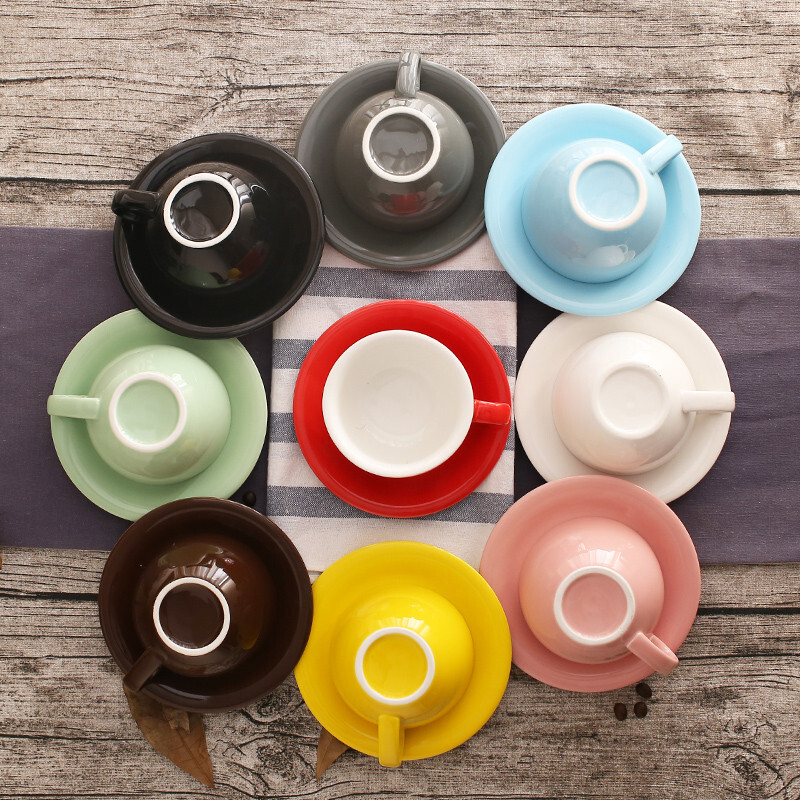 200 ml europietiškas Macaron plataus burnos kapučino kavos puodelis su lėkštučių rinkiniu Creative Minimalist Colored Glazur Espresso pieno puodelis