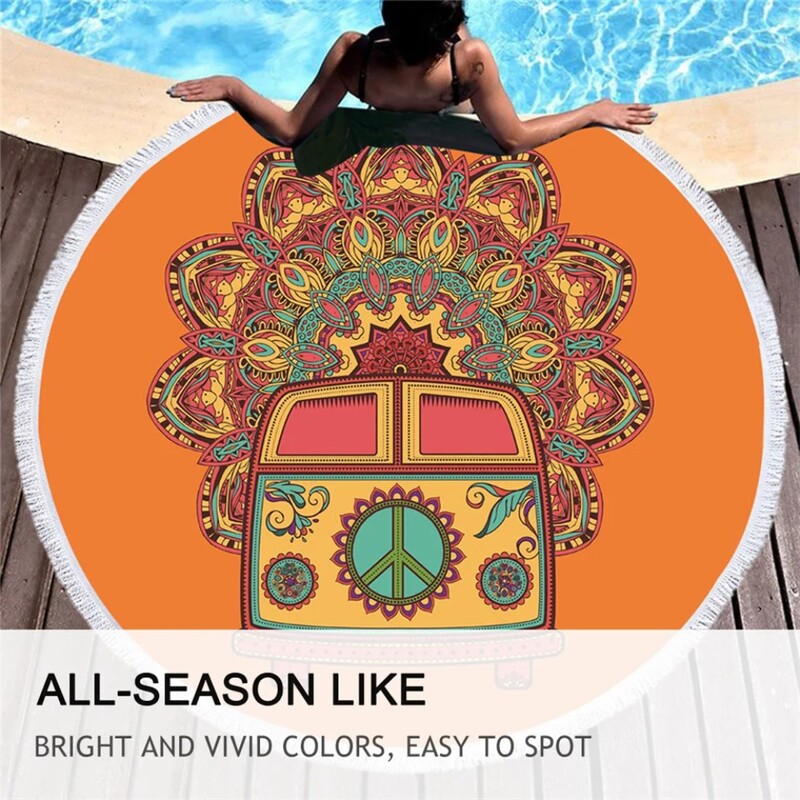 PatalynėOutlet Mandala Apvalus paplūdimio rankšluostis Moteris Peace Toalla Kutas Antklodė Hipių senovinis automobilinis mikropluošto vonios rankšluostis