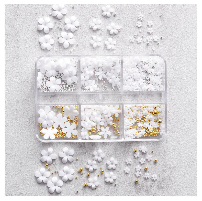 Piiriülene populaarne kolmemõõtmeline kolmemõõtmeline viie kroonlehega kolmemõõtmeline lill, küüneehted, 6 karpi, Jaapani stiilis vaigupakend, küünelillekomplekt