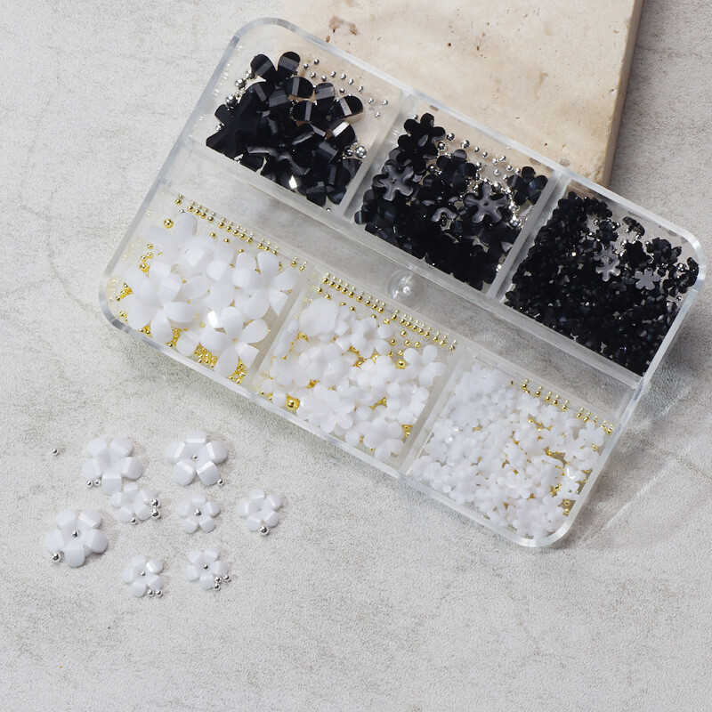 Piiriülene populaarne kolmemõõtmeline kolmemõõtmeline viie kroonlehega kolmemõõtmeline lill, küüneehted, 6 karpi, Jaapani stiilis vaigupakend, küünelillekomplekt