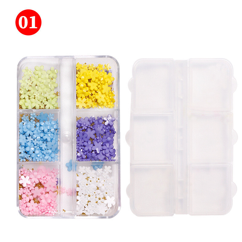 Piiriülene populaarne kolmemõõtmeline kolmemõõtmeline viie kroonlehega kolmemõõtmeline lill, küüneehted, 6 karpi, Jaapani stiilis vaigupakend, küünelillekomplekt