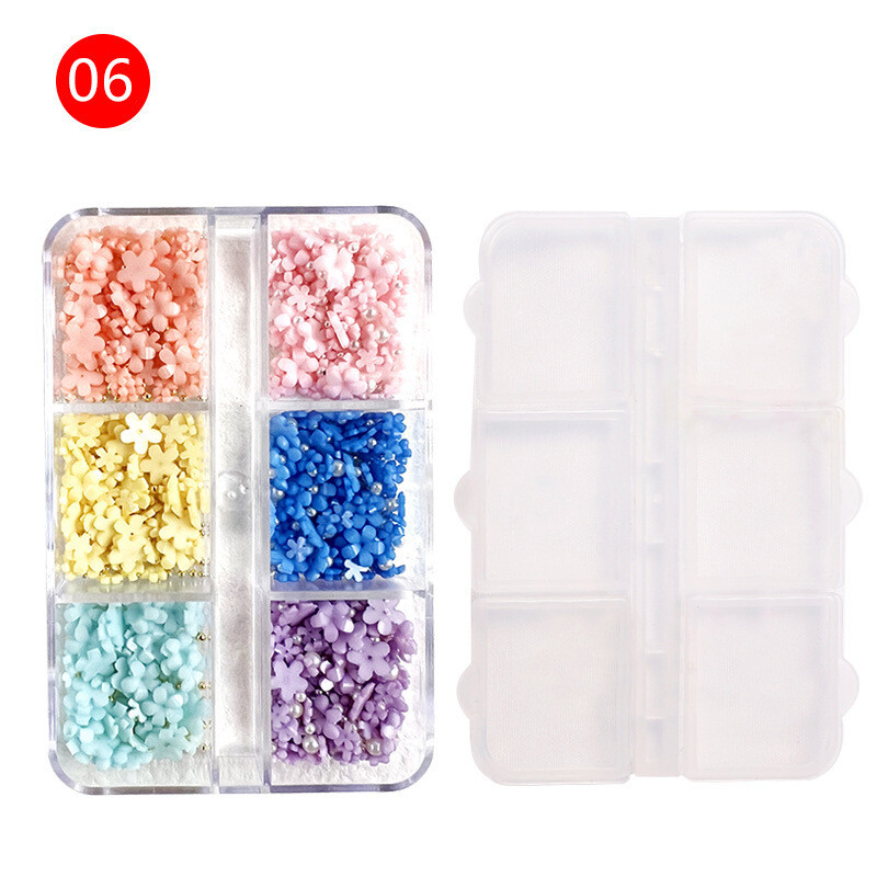 Piiriülene populaarne kolmemõõtmeline kolmemõõtmeline viie kroonlehega kolmemõõtmeline lill, küüneehted, 6 karpi, Jaapani stiilis vaigupakend, küünelillekomplekt